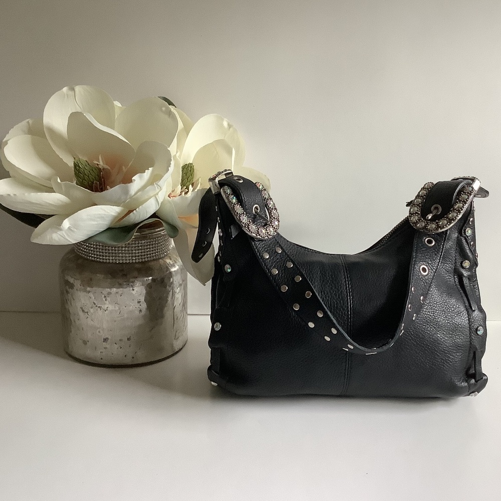 Bravo Black Leather Handbag with Studs and Bling
